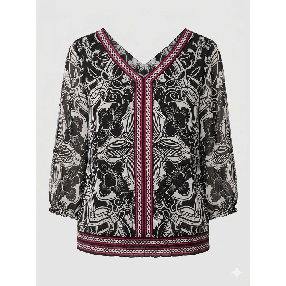 White House Black‎ Market Floral Graphic Print Blouson Shirt Small Flowy Chic